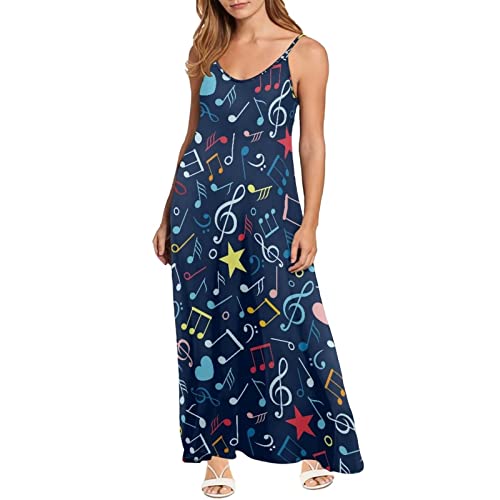 Dolyues Damen Spaghettiträger Ärmelloses Langes Kleid mit Reißverschluss Freizeitkleider Größe XS-4XL, Musiknoten Stern, X-Large von Dolyues