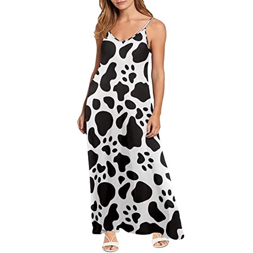 Dolyues Damen Spaghettiträger Ärmelloses Langes Kleid mit Reißverschluss Freizeitkleider Größe XS-4XL, Schwarz-weiße Milchkuh, XX-Large von Dolyues