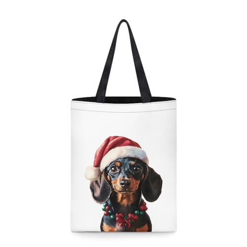 Dolyues Damen-Tragetaschen aus Segeltuch mit Tasche, großes Fassungsvermögen, wiederverwendbare Einkaufstasche, Weihnachtsdackel von Dolyues