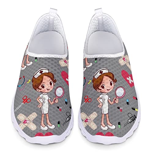 Dolyues Damen Trainer Bequeme Slip-On-Arbeits-Wanderschuhe mit grauem Cartoon-Krankenschwester/Krankenschwester-Muster, sportliche Jogging-Turnschuhe von Dolyues