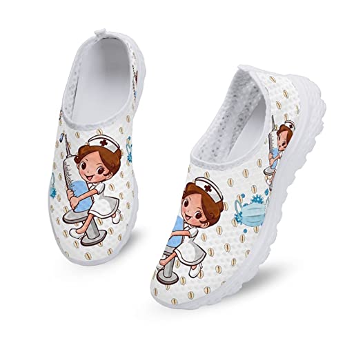 Dolyues Damen Trainer Laufschuhe mit WeißEm Cartoon Krankenschwester-Muster Zum HineinschlüPfen für Fitness Workout Fitnessstudio von Dolyues