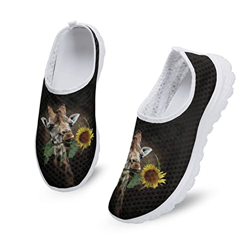 Dolyues Damen-Wanderschuhe mit Sonnenblumen-Giraffe, Schwarz, Neuheit, Tierblumen, Mesh-Sneaker für Damen, Laufschuhe, atmungsaktiv von Dolyues