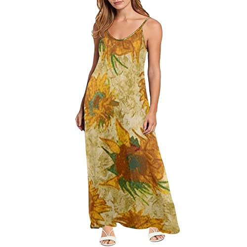 Dolyues Damenkleid, leger, ärmellos, einteilig, Spaghetti-Träger, Kleider mit Reißverschluss, Gelbe Van Gogh Sonnenblume, X-Large von Dolyues