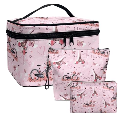Dolyues Eiffelturm 3-Pack Make Up Tasche für Frauen Damen Kosmetik Tasche Halter Lipstic Kosmetik Pinsel und Pulver Reißverschluss Handtaschen mit weichem Ledergewebe Valentinstag für sie von Dolyues