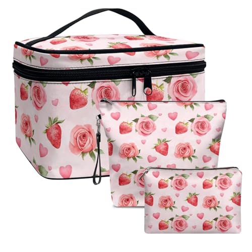 Dolyues Erdbeerrose Liebe Make-up Tasche, Schminktasche mit Zipper, Kosmetik-Organizer Tasche, für Reise, extra Pinseltasche, 3pcs Dolyues Erdbeerrose Liebe Make-up Tasche, Schminktasche mit Zipper, Kosmetik-Organizer Tasche, für Reise, extra Pinseltasche, 3pcs von Dolyues