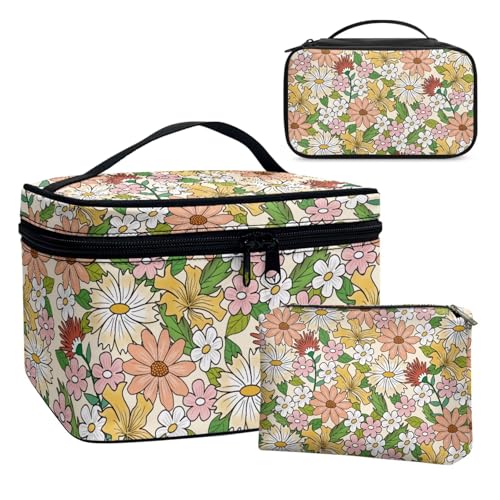 Dolyues Floral 3 Stück Make-up Tasche Niedliche Make-up Beutel Gepolstert mit floral Leder Kosmetiktasche mit Geldbörse von Dolyues