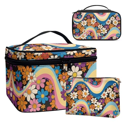 Dolyues Flowers Kulturtasche Damen Kulturbeutel Groß Kosmetiktasche Schminktasche Reise Make-up-Tasche mit Leder 3er Set Größe von Dolyues