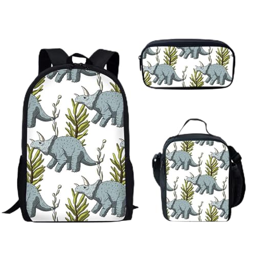 Dolyues Galaxy Wolf 3 Stück/Set Rucksack mit Lunchtasche für Jungen Mädchen Faultier Hai Rucksäcke Mittagessen Tasche Federmäppchen, Triceratops, 17 inch (3PCS Set) von Dolyues