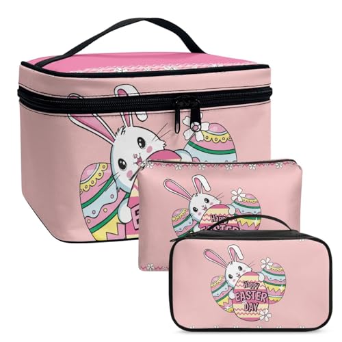 Dolyues Happy Easter Day Personalisierte Make-up-Tasche, Leder Kosmetiktasche Reise Kulturbeutel mit MetallReißverschluss Tragbare Schminktasche Damen Cute 3PCS Easter von Dolyues