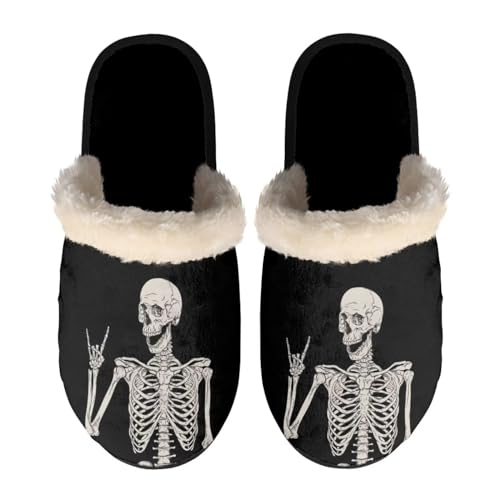 Dolyues Hausschuhe Bequeme flauschige Hausschuhe rutschfeste Winter Warme Sliders Schlafzimmer Indoor Haus Schuhe, Größe XS-XL, Rock and Roll Totenkopf, X-Large von Dolyues