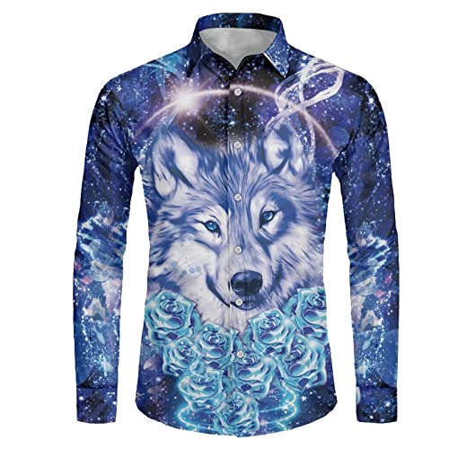 Dolyues Herren Kleid Hemden Langarm Regular Fit Casual Button-Down Shirt Täglich Arbeit Shirt, Purple Galaxy Wolf Blue Rose, XL von Dolyues