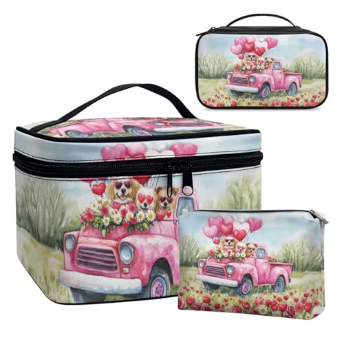 Dolyues Hund LKW Liebe Make-up Tasche Druck Große Kosmetiktasche mit Top Griff Tragbare Make-up Taschen Organiser Toilettentasche, Schwarz Weiß Aufbewahrungsbox für Frauen 3pcs von Dolyues