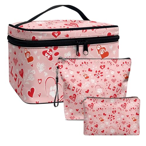 Dolyues Hundeffoten und Liebe Kosmetik Tasche Reise Make up Tasche mit Reißverschluss und Innentaschen Mode Handtaschen für Frauen Reise Toilettenartikel Tasche 3-Pack von Dolyues