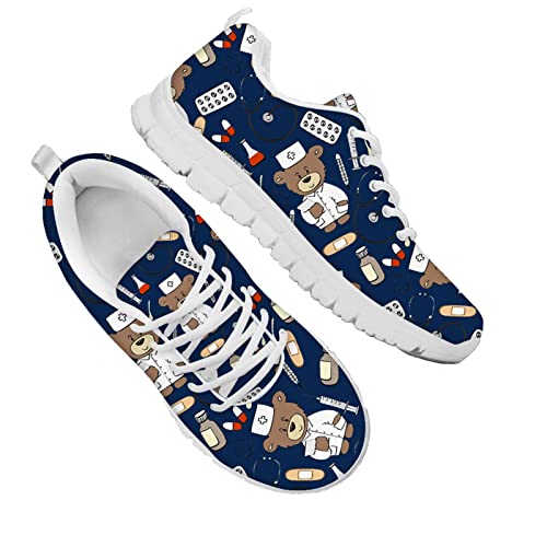 Dolyues Karikatur Navy blau Krankenschwester Bär Print Damen Flache Laufschuhe, Beiläufig Low Top Schnüren Leichte Trainer Sport Sportschuhe von Dolyues