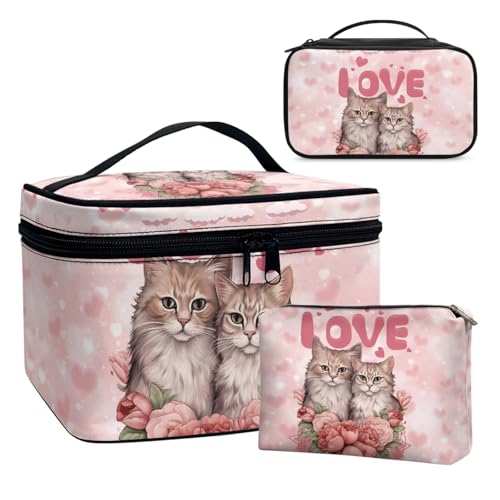 Dolyues Katzenliebe Make-up Tasche, kosmetische Toiletten Aufbewahrungstaschen mit Top Griff Reise Kosmetiktasche, Make-up Box für Frauen Mädchen Lady 3 in 1 von Dolyues