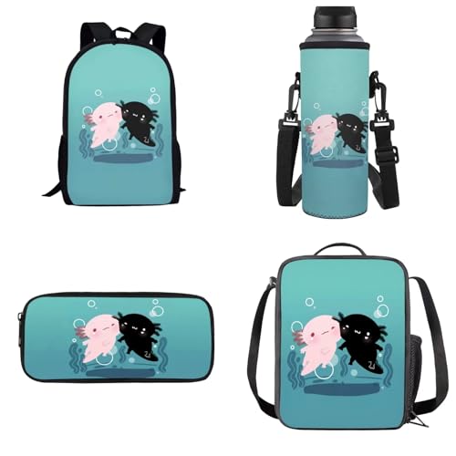 Dolyues Kinder-4-in-1-Rucksack-Set mit Lunchtasche, Federmäppchen, Wasserflaschenhalter, Axolotl-Blau, Kinderrucksack von Dolyues