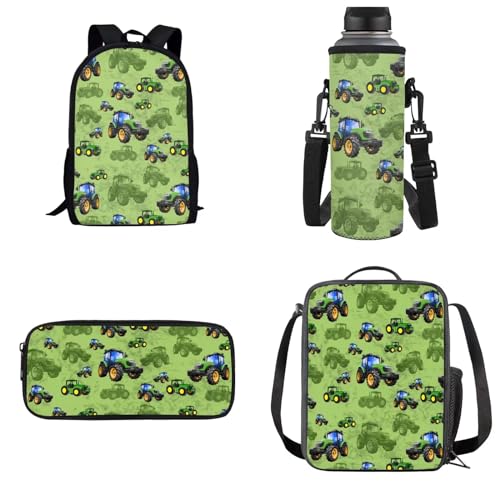 Dolyues Kinder-4-in-1-Rucksack-Set mit Lunchtasche, Federmäppchen, Wasserflaschenhalter, Cartoon-Traktor, Grün, Kinderrucksack von Dolyues