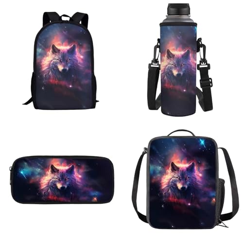 Dolyues Kinder-4-in-1-Rucksack-Set mit Lunchtasche, Federmäppchen, Wasserflaschenhalter, Galaxy Wolf, Kinderrucksack von Dolyues