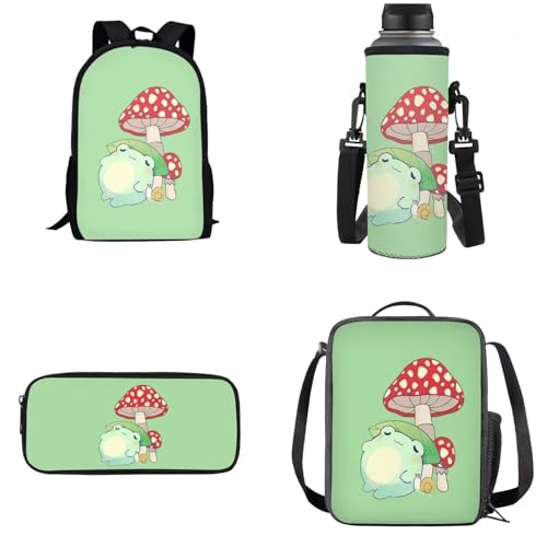 Dolyues Kinder-4-in-1-Rucksack-Set mit Lunchtasche, Federmäppchen, Wasserflaschenhalter, Grüner Frosch Pilzschnecke, Kinderrucksack von Dolyues