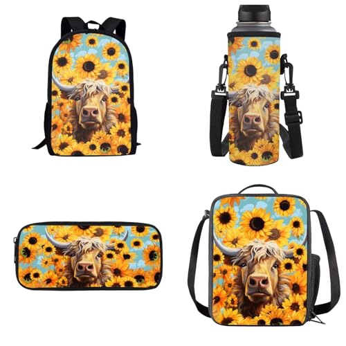 Dolyues Kinder-4-in-1-Rucksack-Set mit Lunchtasche, Federmäppchen, Wasserflaschenhalter, Highland Cow Sunflower, Kinderrucksack von Dolyues