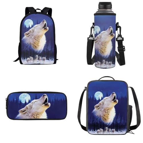 Dolyues Kinder-4-in-1-Rucksack-Set mit Lunchtasche, Federmäppchen, Wasserflaschenhalter, Moon Wolf, Kinderrucksack von Dolyues