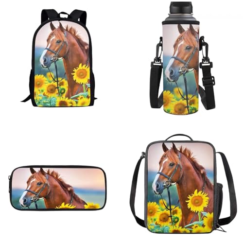 Dolyues Kinder-4-in-1-Rucksack-Set mit Lunchtasche, Federmäppchen, Wasserflaschenhalter, Sonnenblume, Kinderrucksack von Dolyues