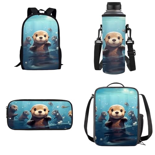 Dolyues Kinder-4-in-1-Rucksack-Set mit Lunchtasche, Federmäppchen, Wasserflaschenhalter, otter, Kinderrucksack von Dolyues