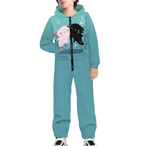 Dolyues Kinder-Jumpsuits mit Kapuze für Jungen und Mädchen, voller Länge, Schlafanzug mit Kapuze und Tasche, alles in einem Schlafanzug, Bubble Axolotl, 15- 16 Jahre von Dolyues