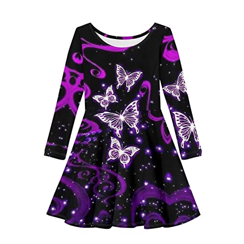 Dolyues Kinder Mädchen Kleider Langarm Pullover Casual T-Shirt Kleid, Größe XS-3XL, violettfarbener schmetterling, 5-6 Jahre von Dolyues