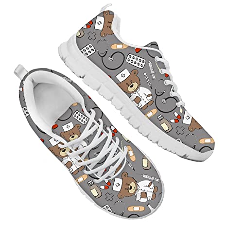 Dolyues Kinderarzt Bär Printed Damen Schnürschuhe Laufschuhe,Lässige Flache Niedriges Oberteil Sport Draussen Joggen Sportschuhe(Grau) von Dolyues