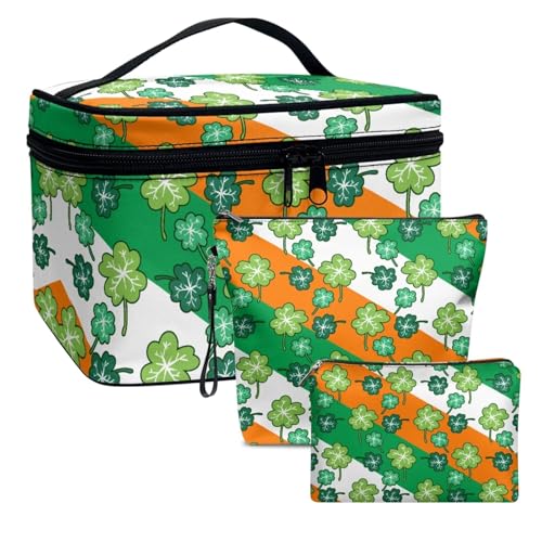 Dolyues Kleeblatt Kosmetiktasche mit Fächern, Schminktasche für Damen und Mädchen St. Patrick's Day DREI Stück Reisetasche Set, Leder Material Make-up Tasche, Reißverschluss Design, grüne Farbe von Dolyues