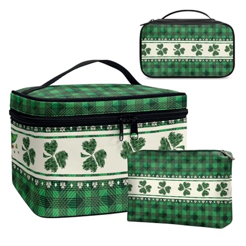 Dolyues Kleemuster Schminktasche Groß,Tragbare Make up Organizer Tasche,Reise Aufbewahrungstasche St. Patrick's Day PU-Leder Grün 3pcs von Dolyues