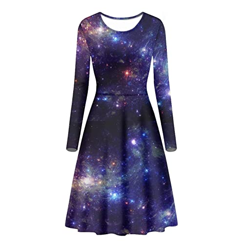 Dolyues Kleid für Damen, Teenager, Mädchen, langärmelig, U-Ausschnitt, Kleider, Partykleider, Lila Galaxy, L von Dolyues