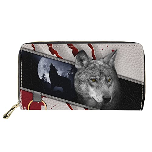 Dolyues Lange Damen-Geldbörse aus PU-Leder mit mehreren Fächern, Kreditkartenfach mit Reißverschluss, Münzgeldbeutel für Damen, Howling Grey Wolf Print, Klassisch von Dolyues