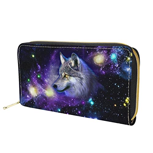 Dolyues Galaxy Animal Wolf Print Damen Geldbörse mit Reißverschluss Münzfach Pu-Leder Geldbörse Damen Große Kapazität Multi Cred von Dolyues