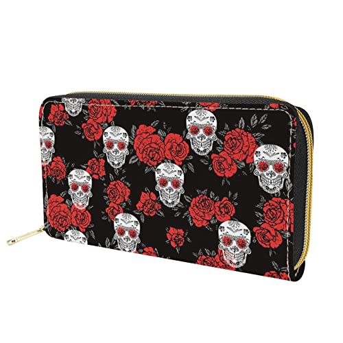 Dolyues Red Rose Skull Head Print Frauen Lange Pu-Leder Geldbörse Große Kapazität Reißverschluss Kreditkarte Geldhalter von Dolyues