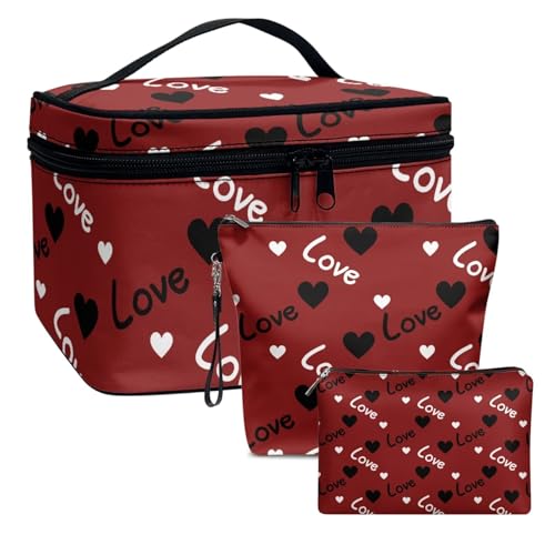 Dolyues Liebe 3PCS Frauen Make Up Tasche Leder Kosmetiktasche Reißverschluss Handtaschen Set für Damen Tragbare Tasche für Reise Party und Dating Große Satchel Tasche Wasserdicht von Dolyues