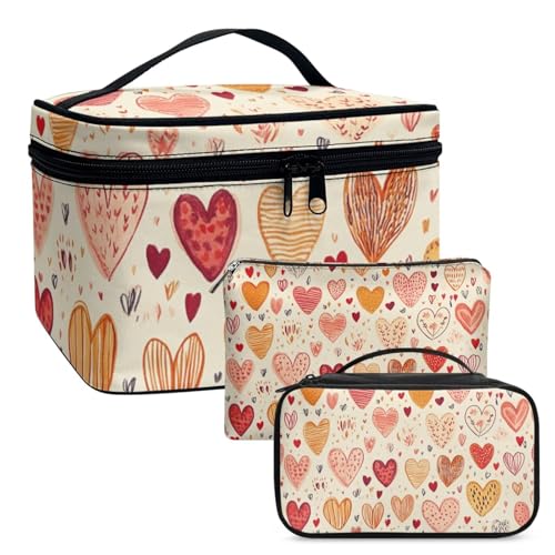 Dolyues Liebe Große Kapazität Kosmetische Tasche Organiser Make-up Box Aufbewahrungskoffer mit Griff Reise Toilettentaschen Valentinstag Make-up Beutel für Frauen Mädchen 3pcs von Dolyues