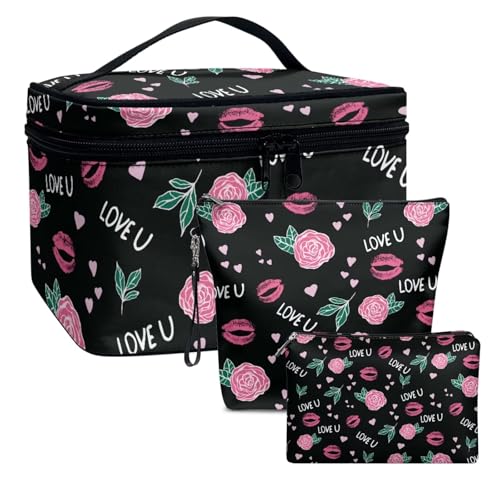 Dolyues Love U DREI Stück Make-up Tasche Set, Leder Make-up Tasche der Frauen, große Kapazität Make-up Handtasche, wasserdicht Rosa von Dolyues