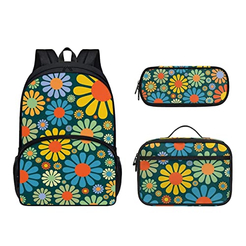 Dolyues Lunchtasche Set 3 Packungen Schulrucksack für Kinder Mädchen Jungen, wasserdichte Schultasche Federmäppchen, Bunte Hippie-Blume, Kinderrucksack von Dolyues