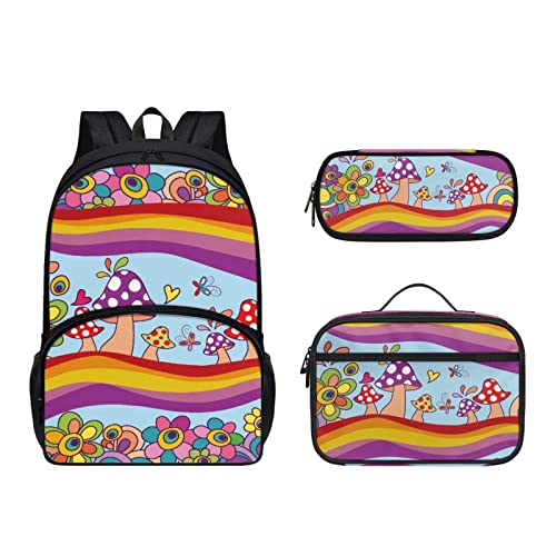 Dolyues Lunchtasche Set 3 Packungen Schulrucksack für Kinder Mädchen Jungen, wasserdichte Schultasche Federmäppchen, Farbenfroher Cartoon-Pilz, Kinderrucksack von Dolyues