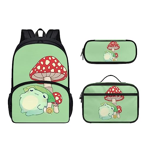 Dolyues Lunchtasche Set 3 Packungen Schulrucksack für Kinder Mädchen Jungen, wasserdichte Schultasche Federmäppchen, Grüner Froschpilz, Kinderrucksack von Dolyues