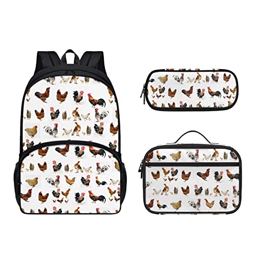 Dolyues Lunchtasche Set 3 Packungen Schulrucksack für Kinder Mädchen Jungen, wasserdichte Schultasche Federmäppchen, Huhn-Weiß, Kinderrucksack von Dolyues