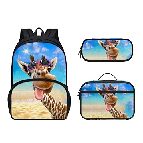 Dolyues Lunchtasche Set 3 Packungen Schulrucksack für Kinder Mädchen Jungen, wasserdichte Schultasche Federmäppchen, Lustige Giraffe, Kinderrucksack von Dolyues