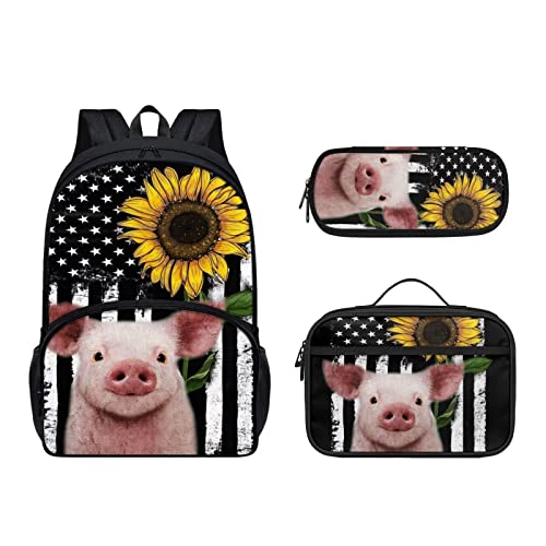 Dolyues Lunchtasche Set 3 Packungen Schulrucksack für Kinder Mädchen Jungen, wasserdichte Schultasche Federmäppchen, Schwein Sonnenblume Flagge, Kinderrucksack von Dolyues