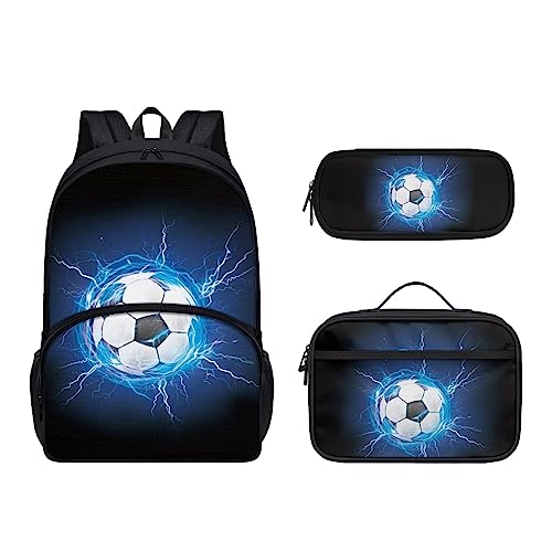 Dolyues Lunchtasche mit Schultasche und Federmäppchen, niedlicher Rucksack für Kinder, Schulanfang, Blauer Fußball, Kinderrucksack von Dolyues