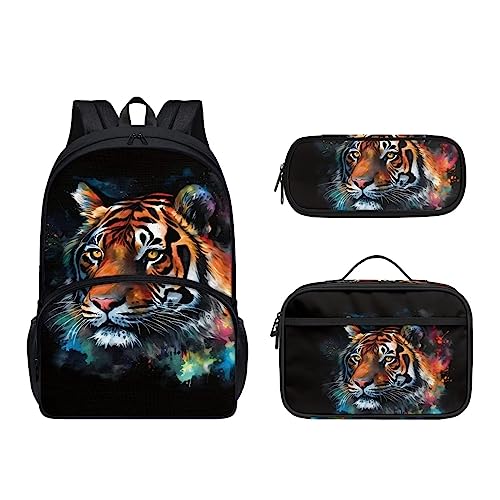 Dolyues Lunchtasche mit Schultasche und Federmäppchen, niedlicher Rucksack für Kinder, Schulanfang, Galaxy Tiger, Kinderrucksack von Dolyues