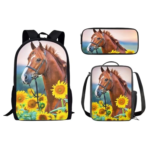 Dolyues Lunchtaschen-Set mit Sonnenblumen-Motiv, mit Schulrucksack, Federmäppchen, wasserabweisend, leicht, Schultasche für Kinder, Mädchen, Jungen, 3-teilig von Dolyues