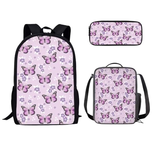 Dolyues Mädchen Büchertasche Schmetterling Rucksack Geldbörse für Frauen 3 Stück Leichte Schultasche Mittagessen Tasche und Stifteetui Tasche Set Mittelschule Grundschule Büchertaschen Ranzen Laptop von Dolyues