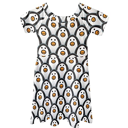 Dolyues Mädchenkleid Kurzarm Sommer Rundhals A-Linie Kleider mit weißem Cartoon Pinguin Design Kinder Alter 3-14 Jahre von Dolyues